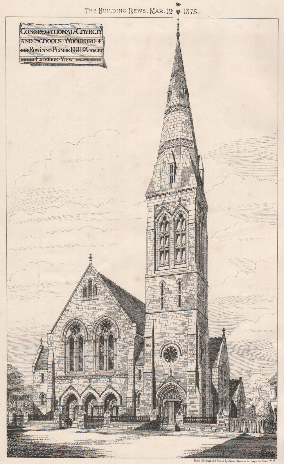 Congregational Church & Schools, Woodford; Rowland Plumbe Architect 1875 print